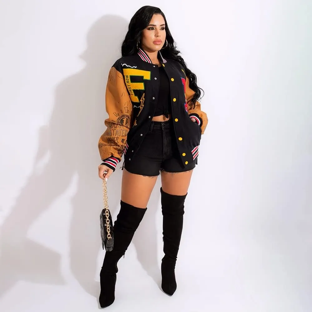 VOIKERDR Varsity Jacket Women Button Print Casual Coat 2023