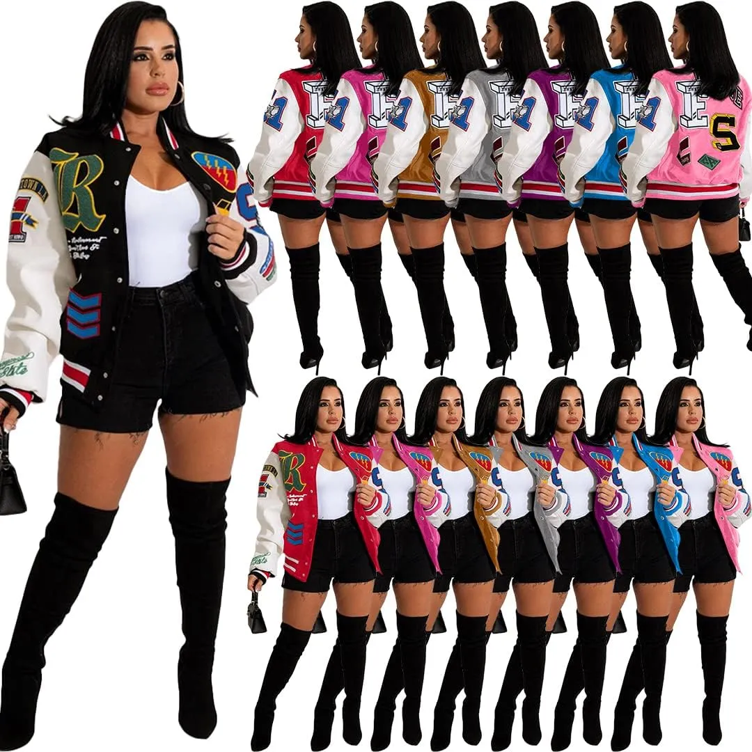 VOIKERDR Varsity Jacket Women Button Print Casual Coat 2023