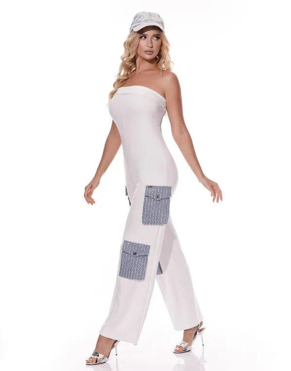 White Solid Contrast Pocket Jumpsuit