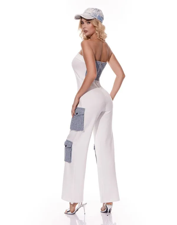 White Solid Contrast Pocket Jumpsuit