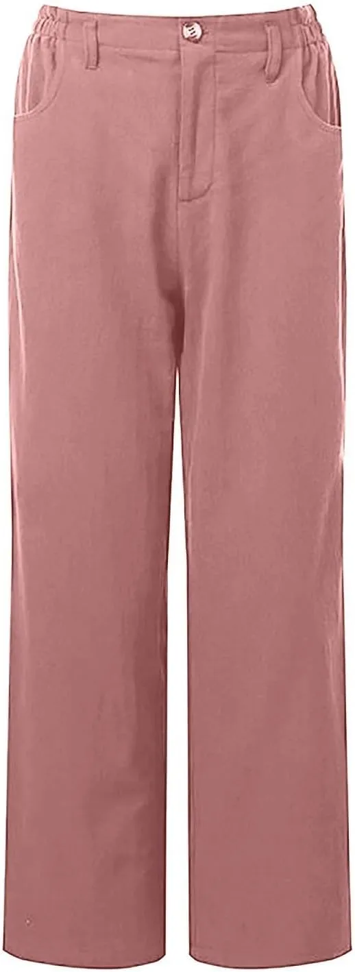 Women Linen Pants Summer Casual Capri Pants with Pockets Elastic Waist Wide Leg Cropped Pants Boho Beach Palazzo Pants