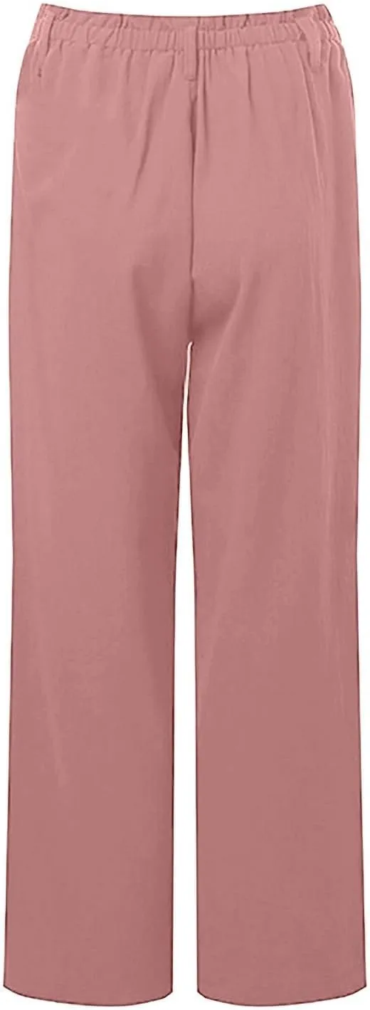 Women Linen Pants Summer Casual Capri Pants with Pockets Elastic Waist Wide Leg Cropped Pants Boho Beach Palazzo Pants