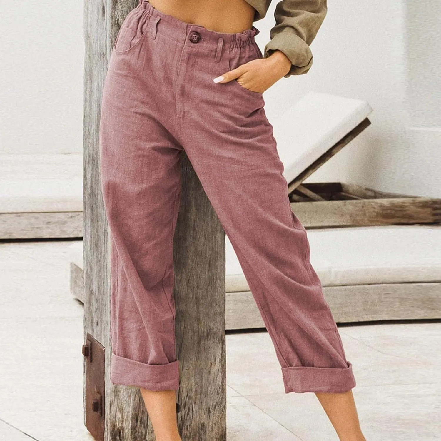 Women Linen Pants Summer Casual Capri Pants with Pockets Elastic Waist Wide Leg Cropped Pants Boho Beach Palazzo Pants