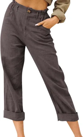Women Linen Pants Summer Casual Capri Pants with Pockets Elastic Waist Wide Leg Cropped Pants Boho Beach Palazzo Pants