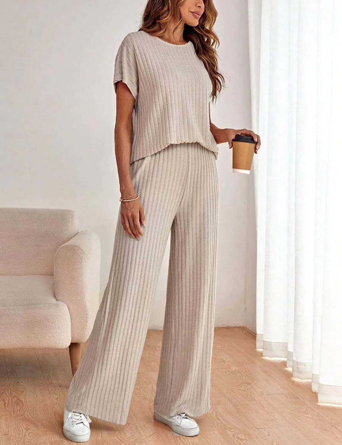 Women's 2two Piece Outfits Sweater Sets Casual Loose Knit Crewneck Short Sleeve Tops Wide Leg Pants
