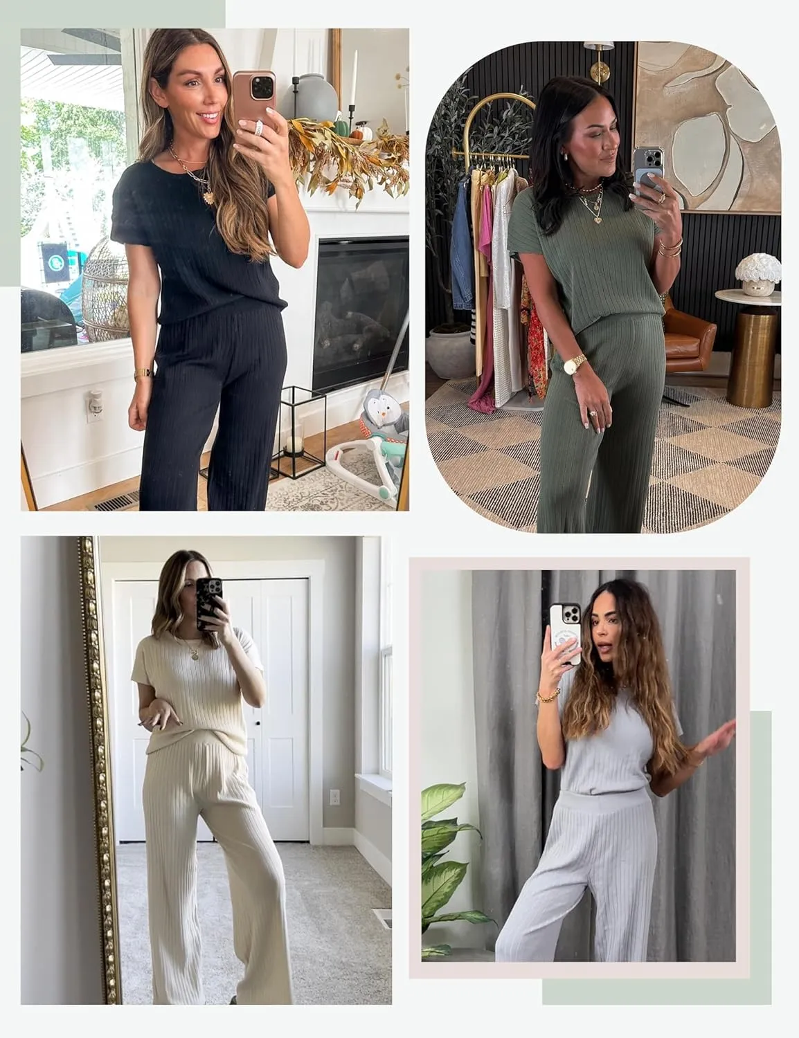 Women's 2two Piece Outfits Sweater Sets Casual Loose Knit Crewneck Short Sleeve Tops Wide Leg Pants