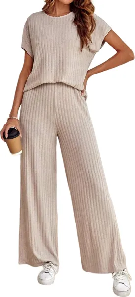 Women's 2two Piece Outfits Sweater Sets Casual Loose Knit Crewneck Short Sleeve Tops Wide Leg Pants