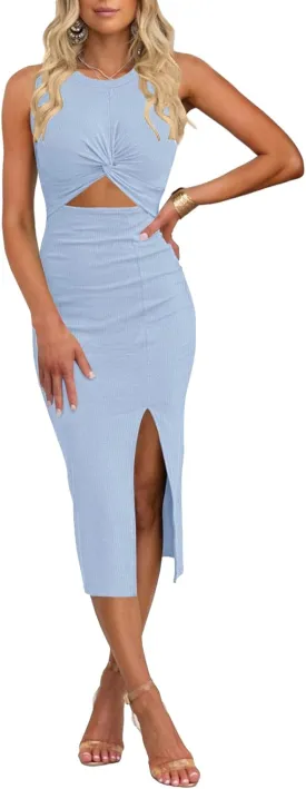 Women's Casual Sleeveless Cutout Twist Front Side Slit Ribbed Knit Party Bodycon Midi Dresses