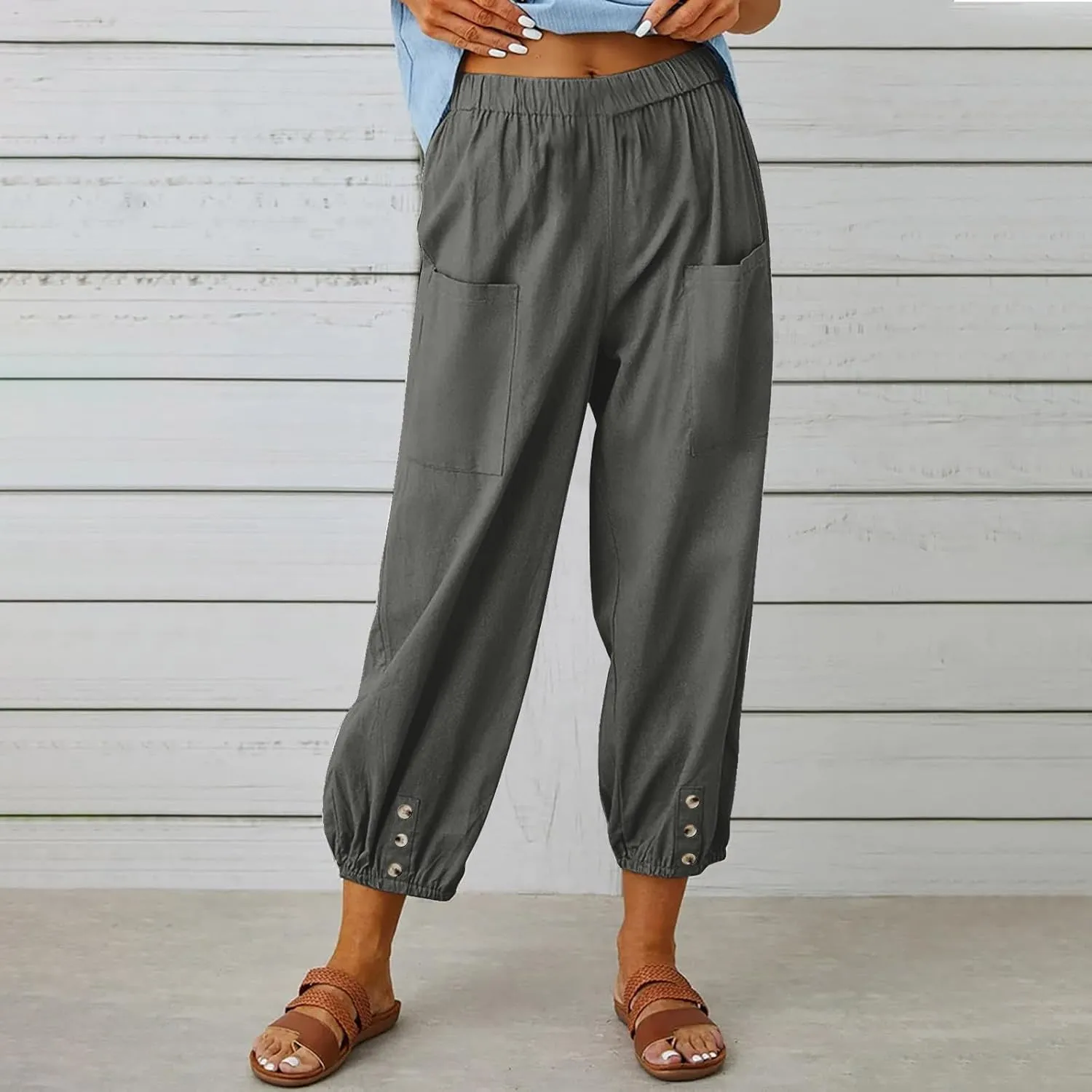 Womens Cotton Linen Casual Capri Elastic High Waisted Loose Lantern Tapered Harem Pants with Pockets