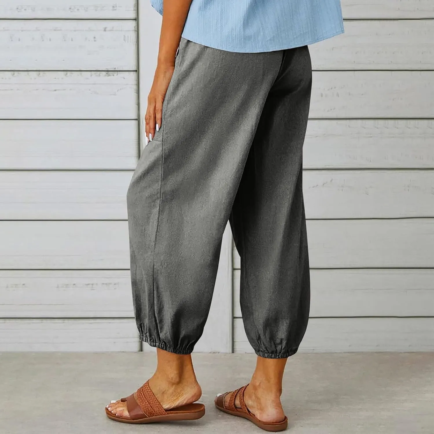 Womens Cotton Linen Casual Capri Elastic High Waisted Loose Lantern Tapered Harem Pants with Pockets