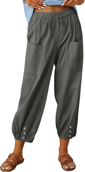 Womens Cotton Linen Casual Capri Elastic High Waisted Loose Lantern Tapered Harem Pants with Pockets