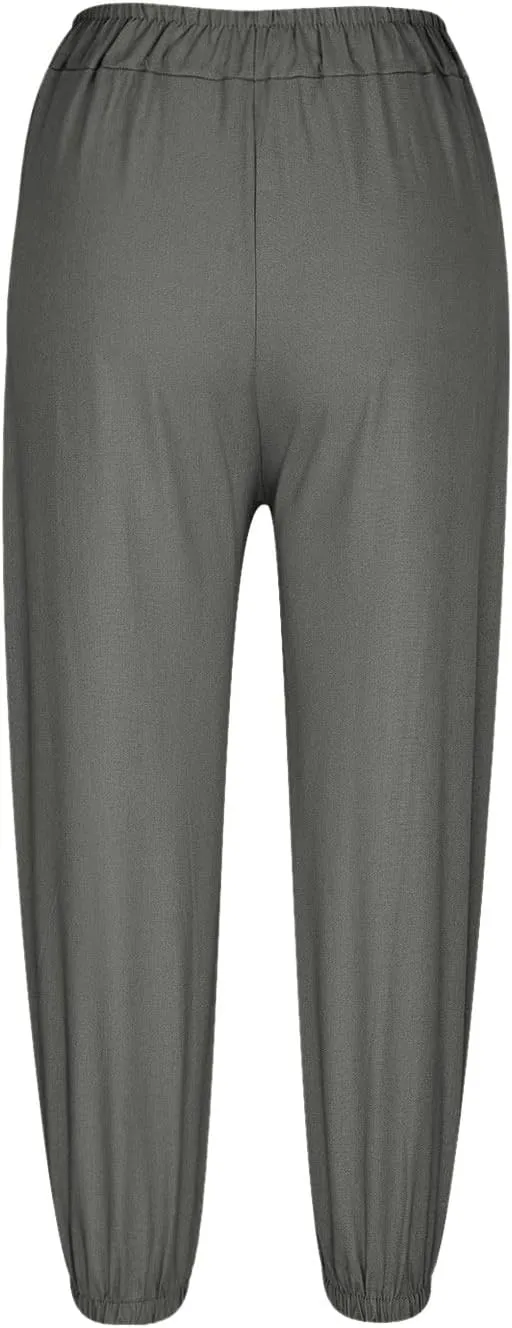 Womens Cotton Linen Casual Capri Elastic High Waisted Loose Lantern Tapered Harem Pants with Pockets