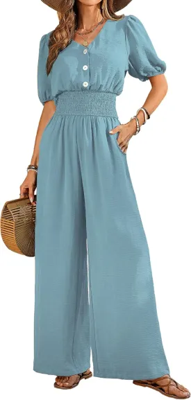 Womens Jumpsuits Short Sleeve V Neck Dressy Casual Wide Leg Pants Romper 2025 Summer One Piece Outfits