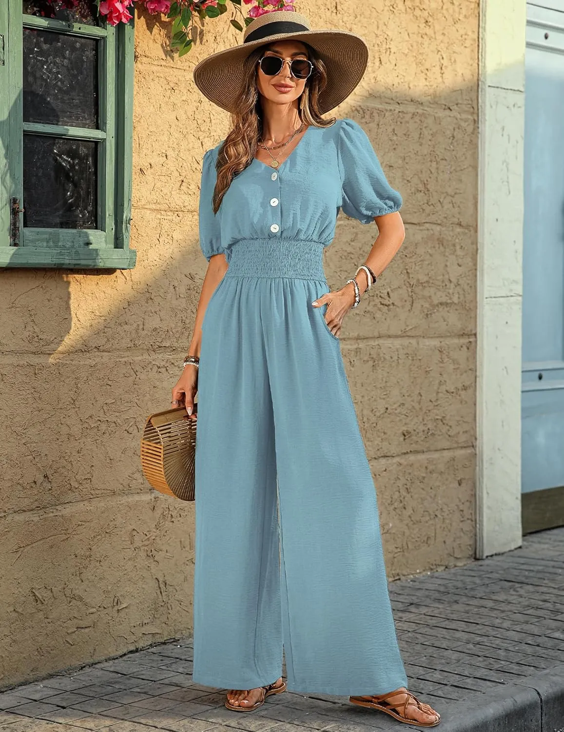 Womens Jumpsuits Short Sleeve V Neck Dressy Casual Wide Leg Pants Romper 2025 Summer One Piece Outfits