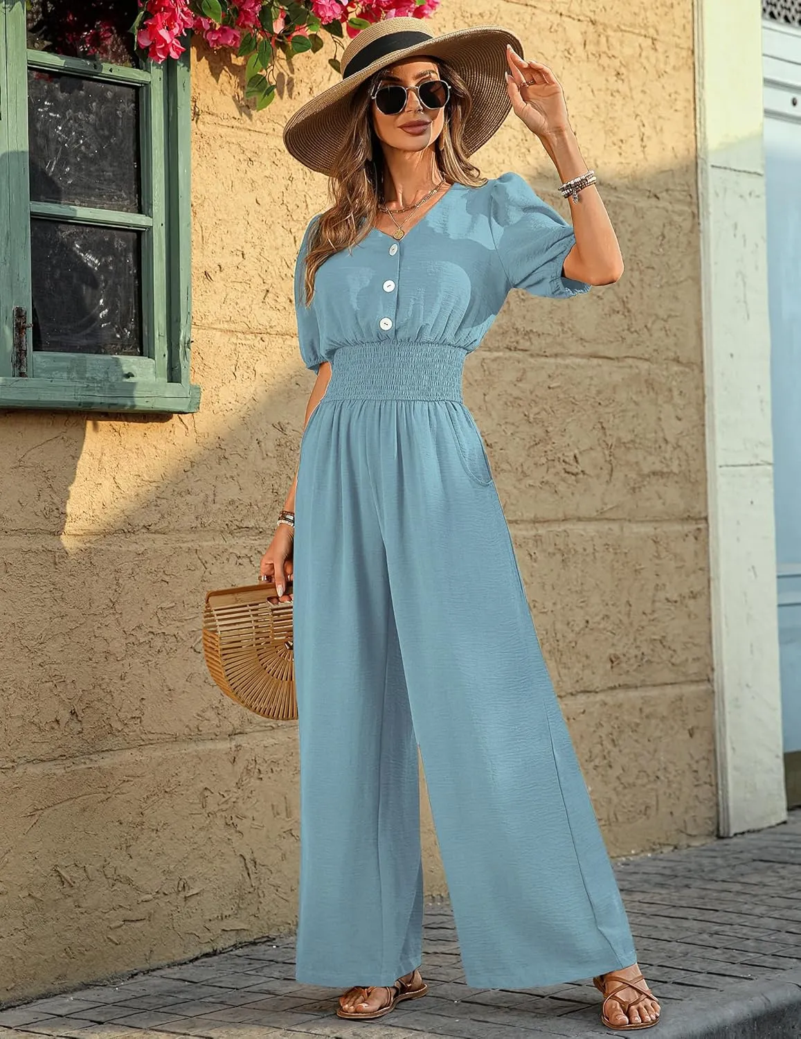 Womens Jumpsuits Short Sleeve V Neck Dressy Casual Wide Leg Pants Romper 2025 Summer One Piece Outfits