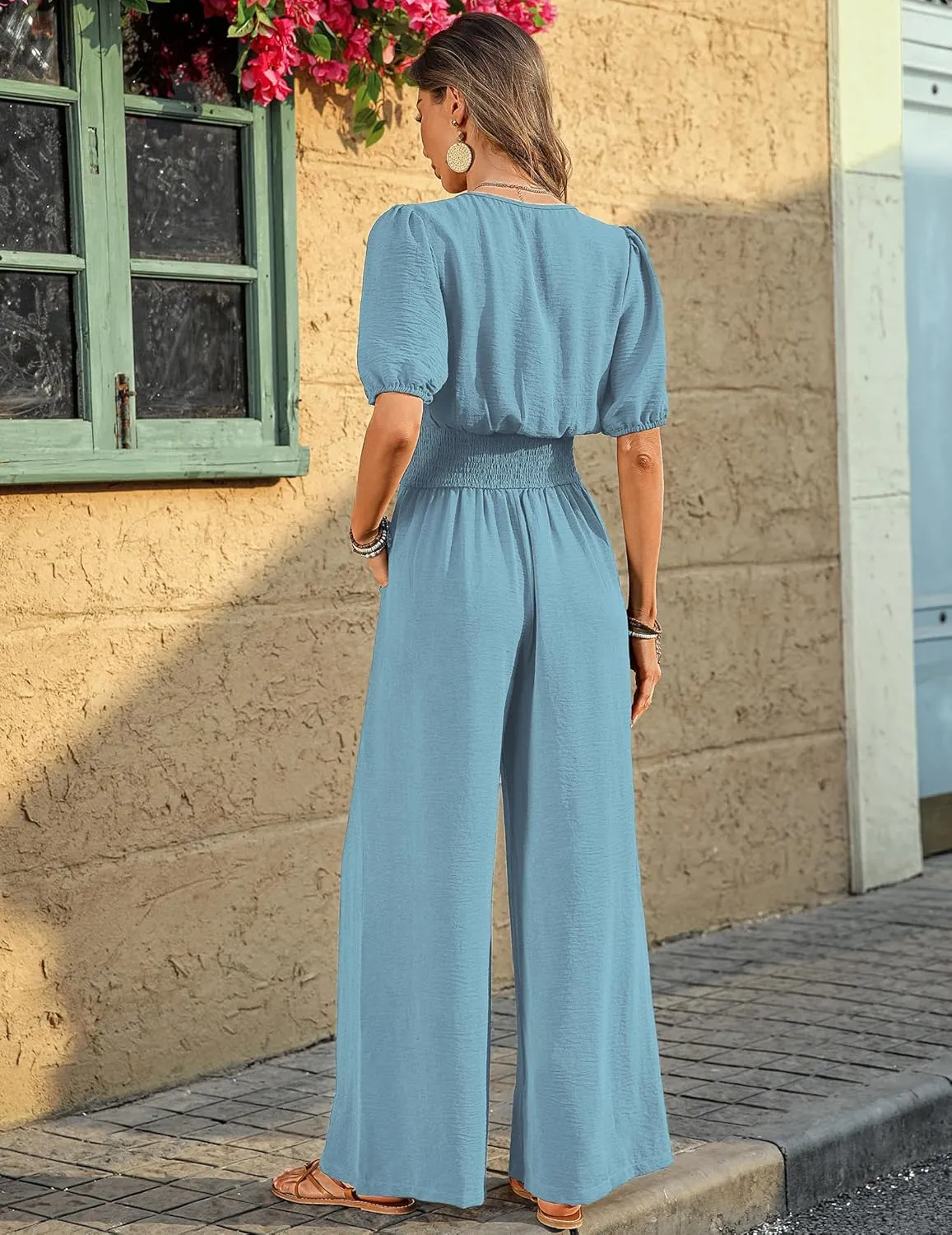 Womens Jumpsuits Short Sleeve V Neck Dressy Casual Wide Leg Pants Romper 2025 Summer One Piece Outfits