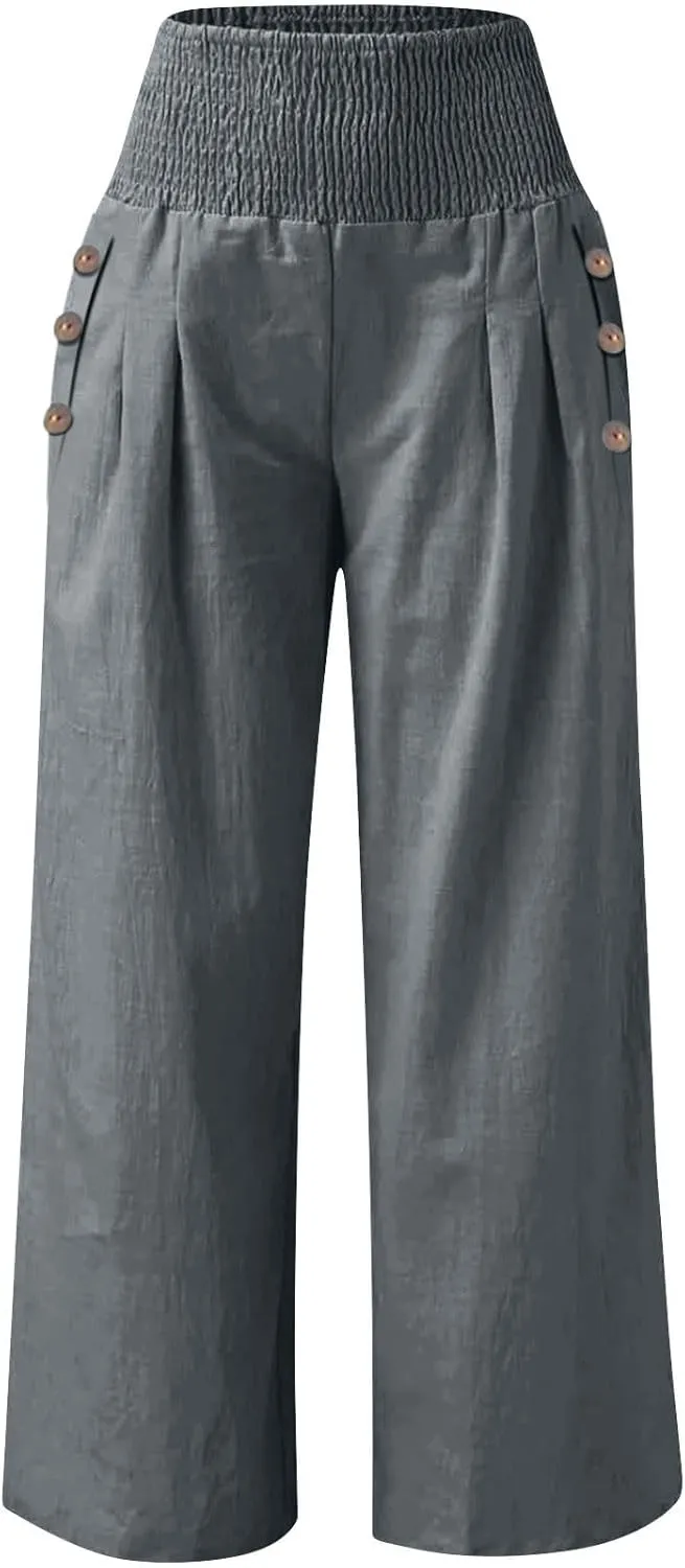 Womens Linen Pants 2025 Summer Casual Wide Leg Palazzo Pants Loose Smocked High Waist Work Slack Flowy Beach Trousers