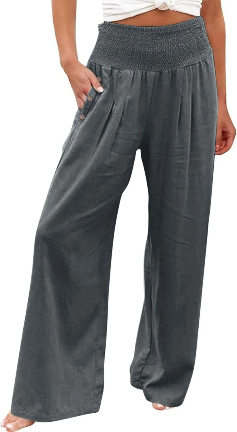 Womens Linen Pants 2025 Summer Casual Wide Leg Palazzo Pants Loose Smocked High Waist Work Slack Flowy Beach Trousers