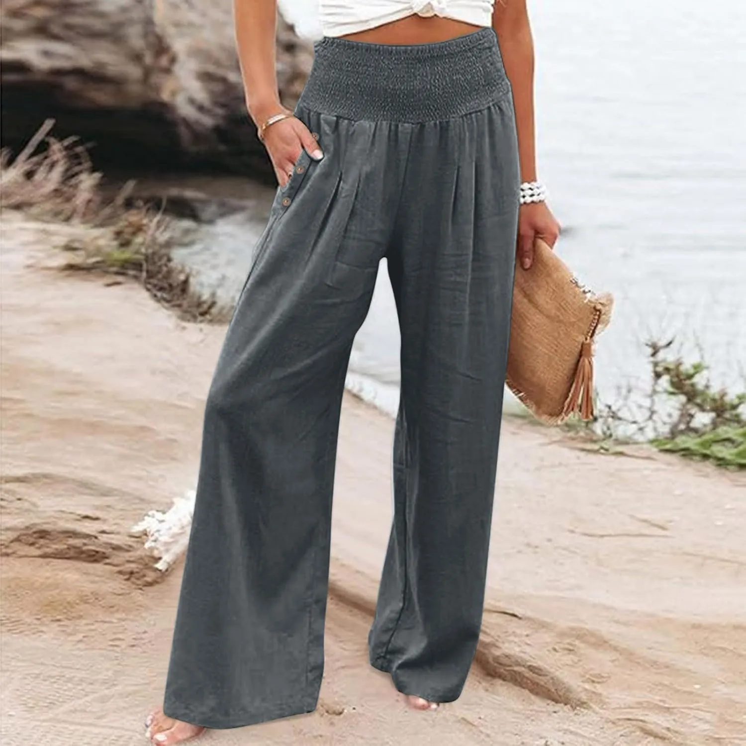 Womens Linen Pants 2025 Summer Casual Wide Leg Palazzo Pants Loose Smocked High Waist Work Slack Flowy Beach Trousers