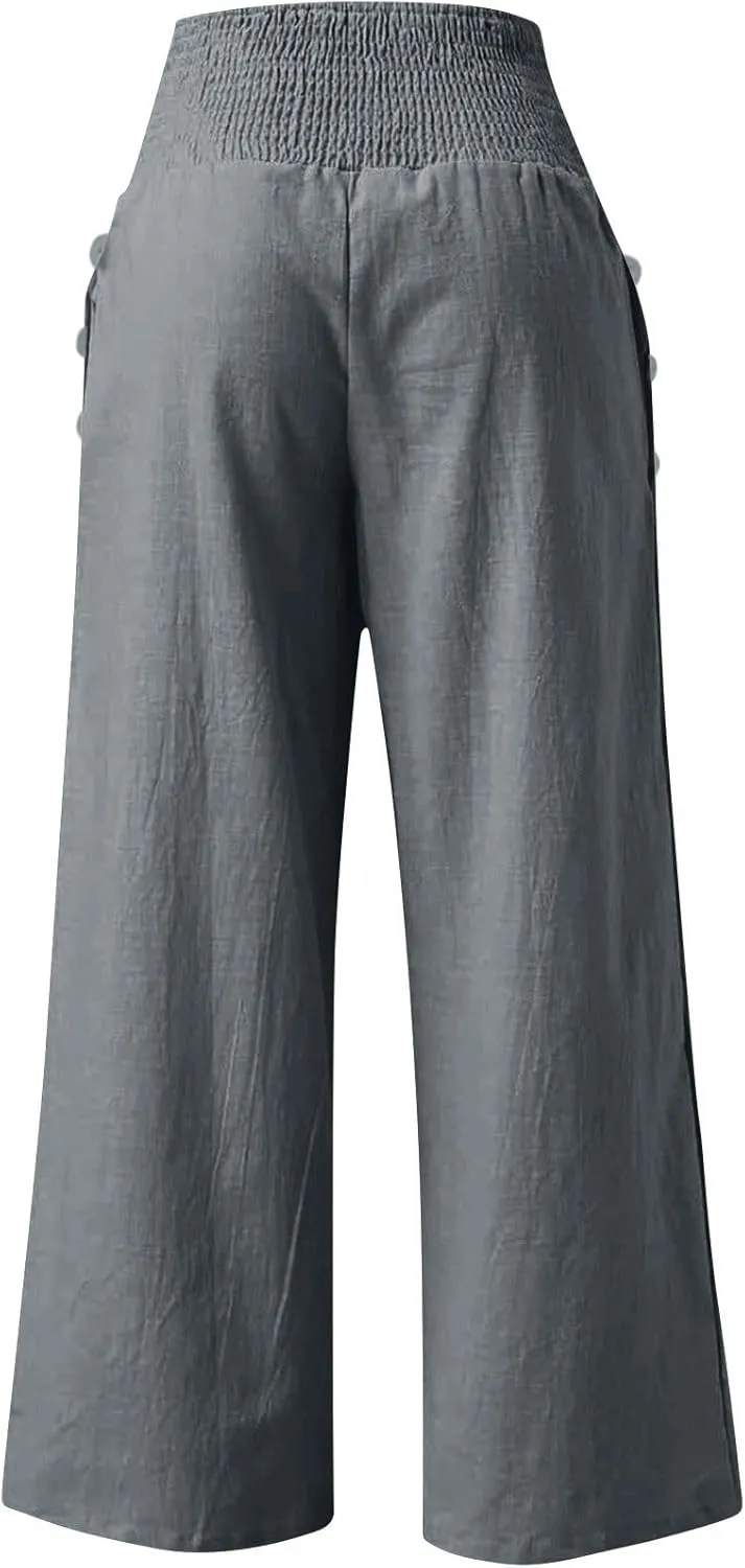 Womens Linen Pants 2025 Summer Casual Wide Leg Palazzo Pants Loose Smocked High Waist Work Slack Flowy Beach Trousers