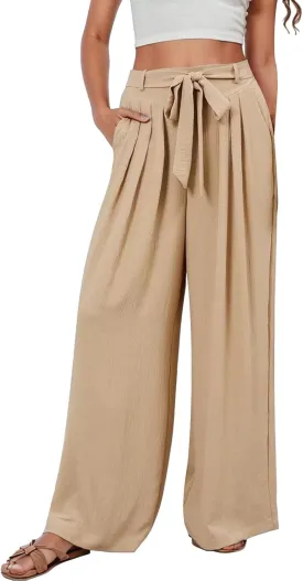 Women's Paper Bag Waist Pants Slim Fit Casual Office Wide Leg Pants Adjustable Knot Loose Fit Business Work Trousers