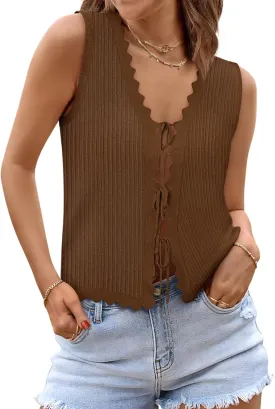Womens Tie Front Tops Trendy 2025 Summer V Neck Sleeveless Sweater Vests Fashion Cute Crochet Knit Tops