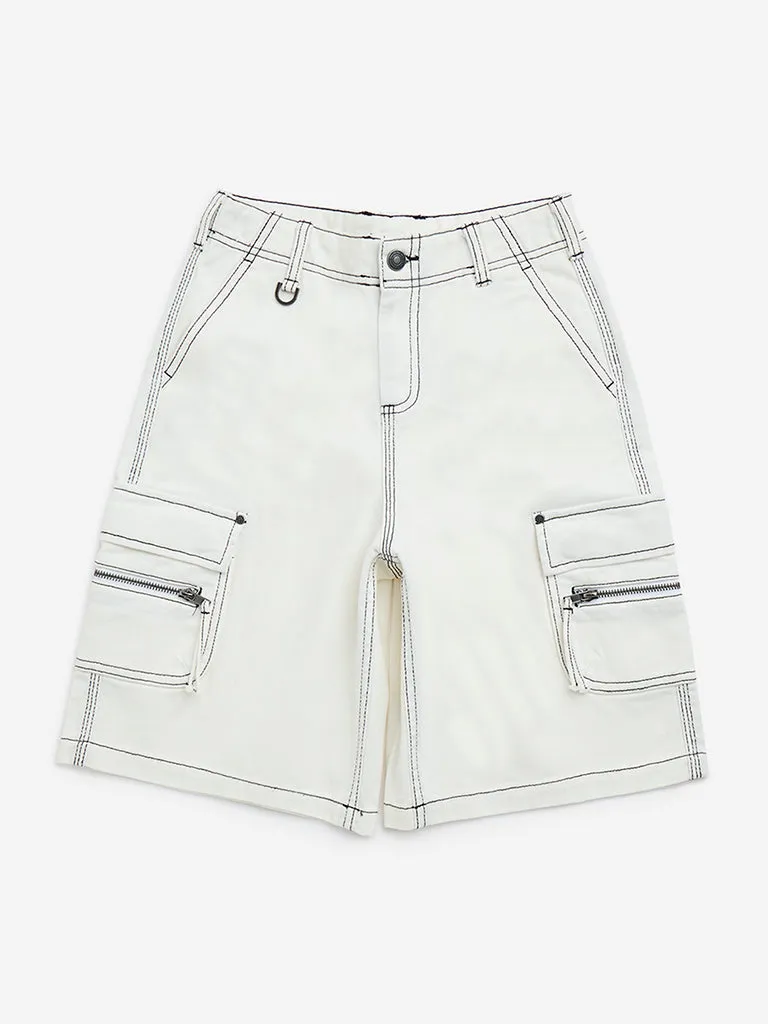 Y&F Kids Off-White Cargo-Style Mid-Rise Denim Shorts