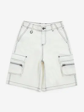 Y&F Kids Off-White Cargo-Style Mid-Rise Denim Shorts